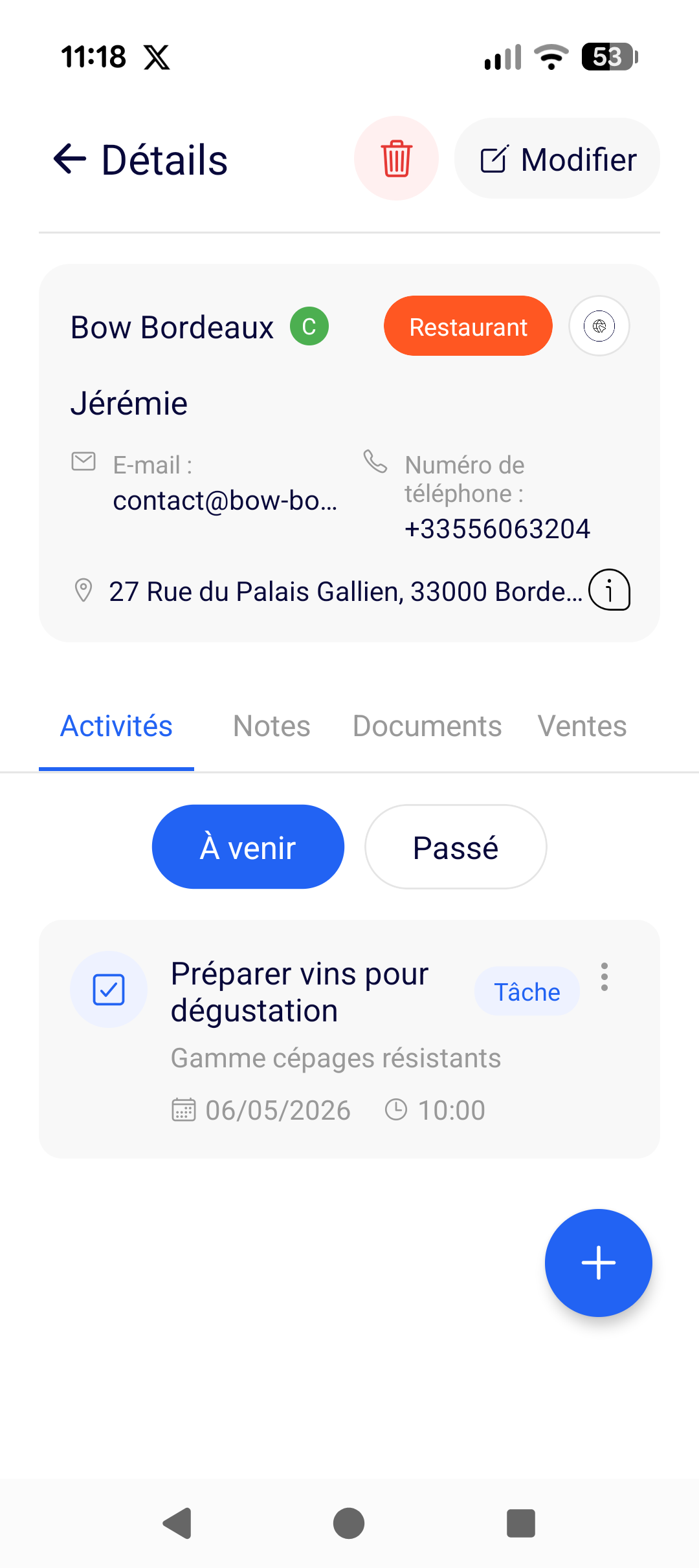 WineCRM — Tableau de bord avec activités et tâches commerciales