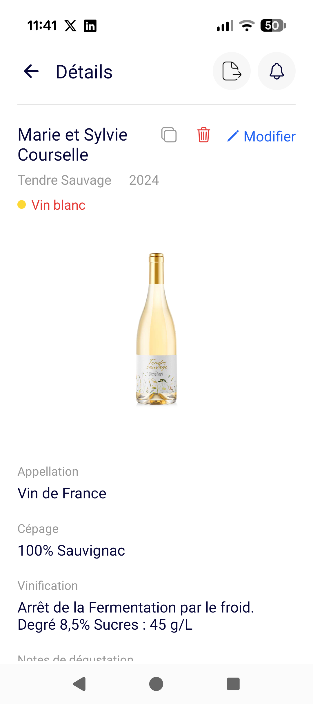 WineCRM — Fiche détaillée d'une cuvée avec appellation, cépage et vinification