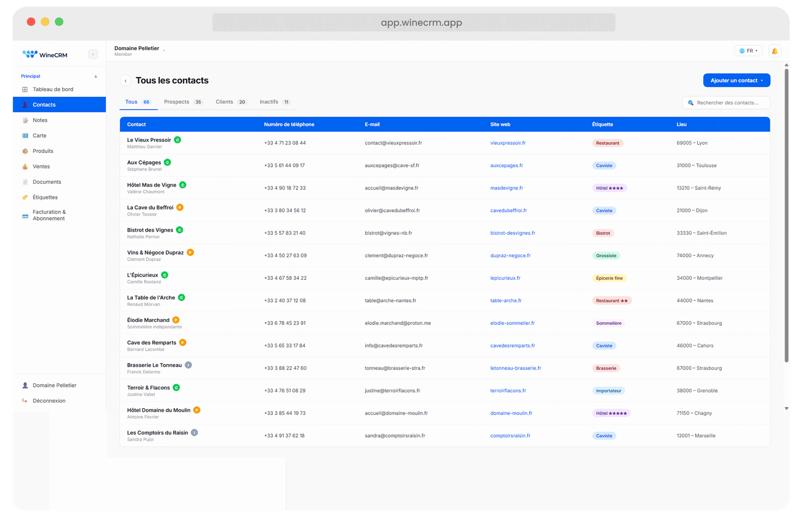 Interface WineCRM — gestion du portefeuille commercial d'un domaine viticole