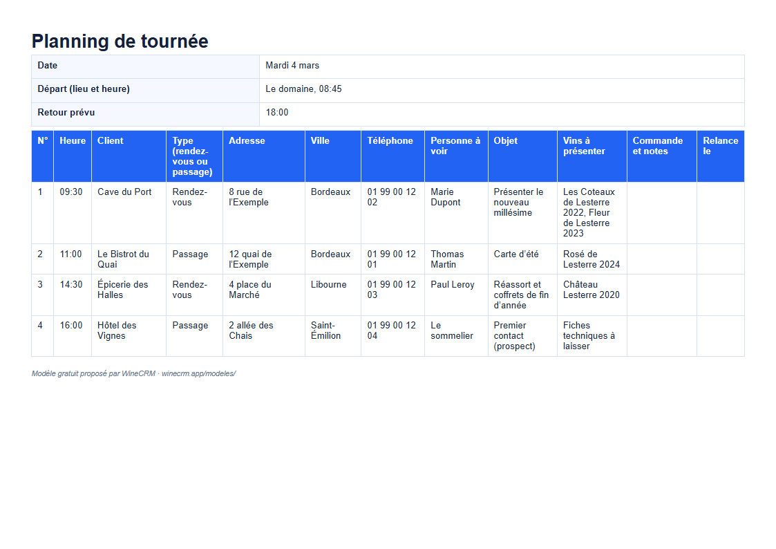 Aperçu du planning de tournée rempli avec un exemple fictif de quatre arrêts